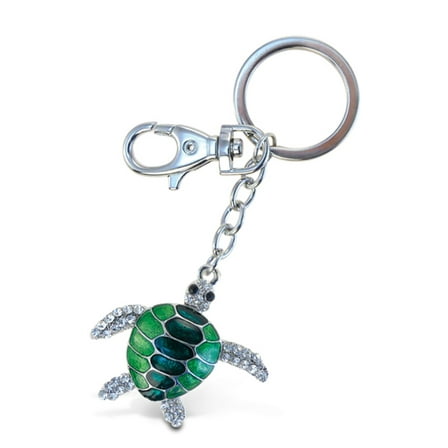 Aqua79 Green Sea Turtle Keychain - Silver 3D Sparkling Charm Rhinestones Fashionable Stylish Metal Alloy Durable Key Ring Bling Crystal Jewelry Accessory, Clasp For Key Chain, Purse, Backpack, Handbag
