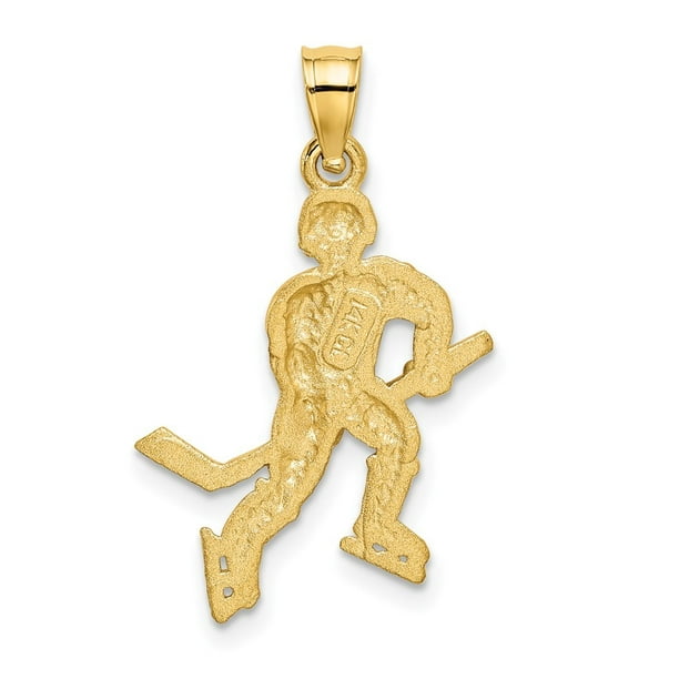 14k Yellow Gold Satin and Sparkle Cut Hockey Player Pendant
