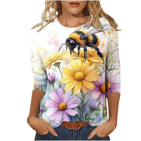 CYMMPU Spring Tunic Tops Boho Blouses for Women Dressy Casual Round Neck 3/4 Sleeve Summer Trendy Shirts Loose Fit Bee Graphic Lightweight Basic Tees Multicolor L