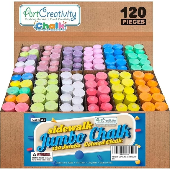 ArtCreativity 120-pack Jumbo Sidewalk Chalk for Kids Ages 3  – Non-Toxic, Washable Bulk Box with 10 Bright Colors for Outdoor Play & Creative Fun