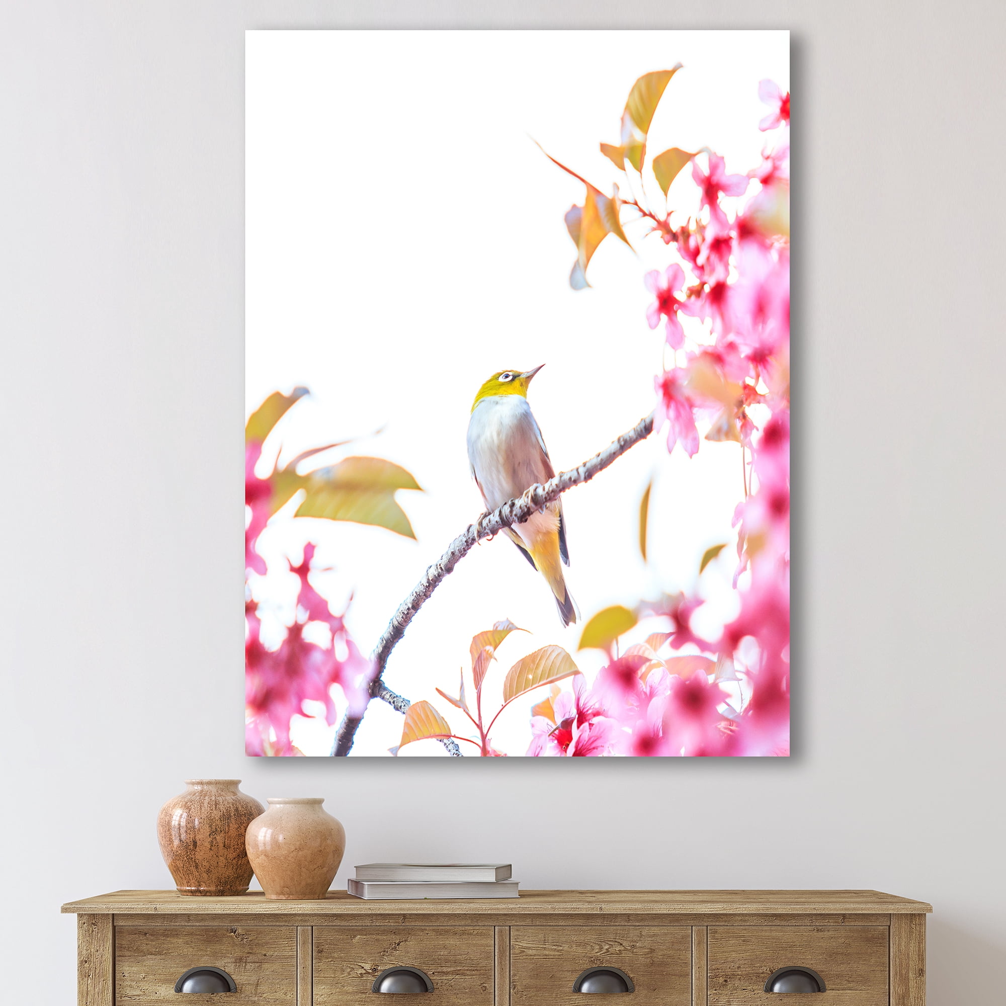 Designart ' Bird Sitting On Cherry Blossom ' Traditional Canvas Wall Art Print