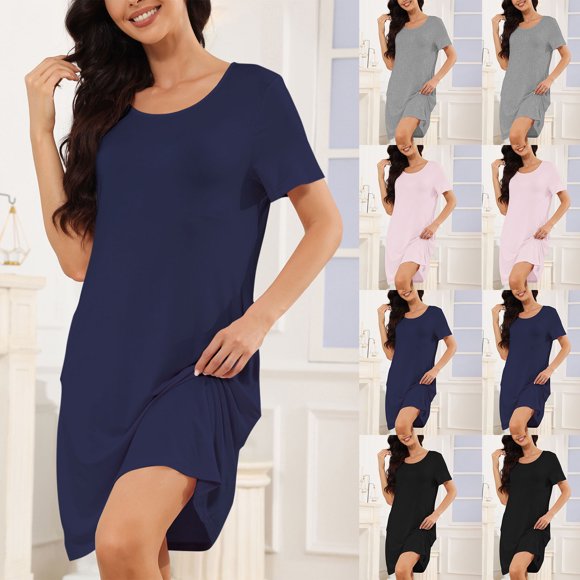 Fartey Chemises de Nuit à Manches Courtes pour Femmes, Col Rond, Douce et Confortable, Décontractée, Légère, Couleur Unie, Gris G