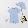 thumbnail image 2 of OBEEII Swimwear for Kids Boys One Piece Short Sleeve Bathing Suits Color Block Rash Guard Swimsuits Beach Wear with Sun Hat UPF50+, 2 of 9