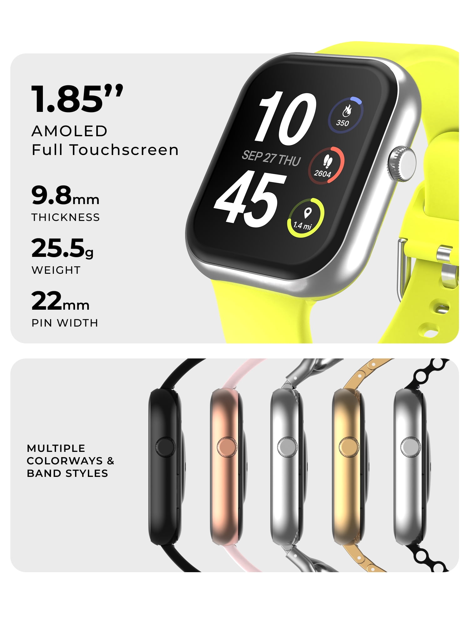 iTech Fusion 4 Unisex Adult Rectangular Smart Watch, Silver, Yellow Silicone Strap