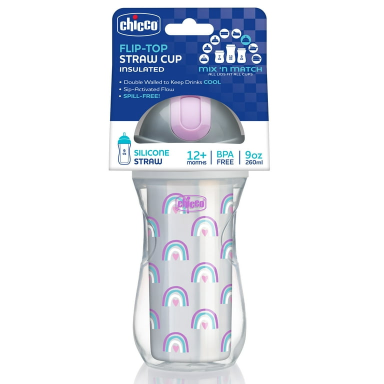 Chicco Insulated Flip-Top Straw Cup 9oz, Silver/Purple Rainbow