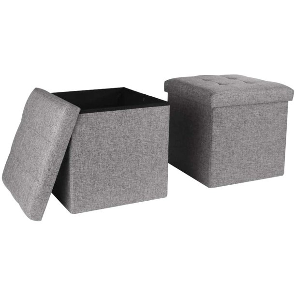TOUCHRICH Folding Cube Storage Ottoman with Padded Seat Linen Fabric Footrest Memory Foam 15” x