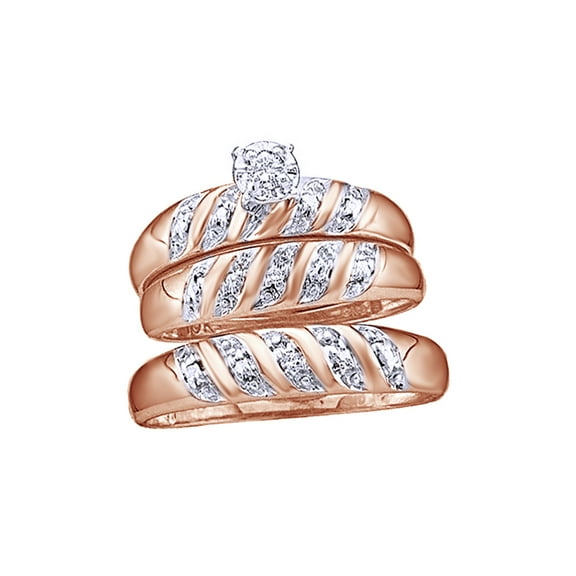 AFFY White Natural Diamond Accent Wedding & Engagement Trio Band Ring Set In 10k Rose Gold (0.08 Cttw)
