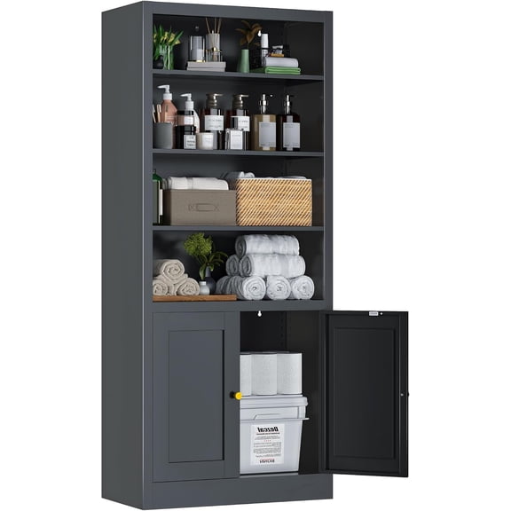 Tall Bathroom Storage Cabinet, Freestanding Linen Cabinet with Adjustable Shleves and 2 Doors, Metal Pantry Cabinets for Kitchen, Bathroom, Living Room, Entryway, 55”H, Black