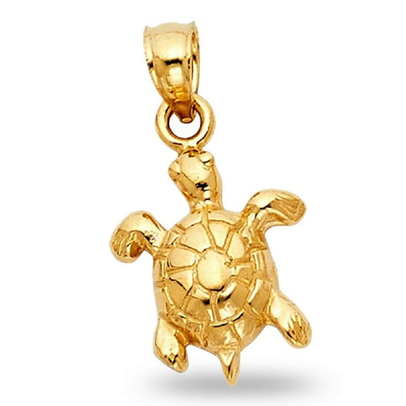 Solid 14k Yellow Gold Charm Sea Turtle Pendant Charm Polished Diamond Cut Design Fancy 14 x 11 mm