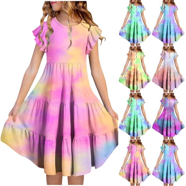 Tranfacy Robe d'Été pour Filles, Enfants, Manches Courtes, Extensible, Ligne A, Tournoyante, Patineuse, École, Récital, Col Rond, Robe pour Préados