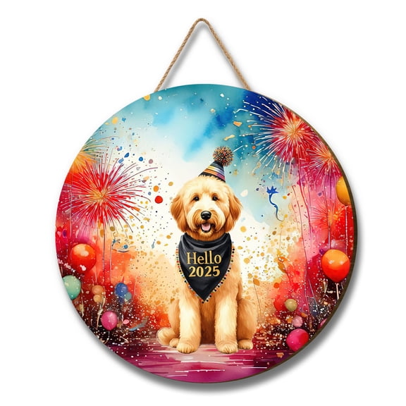 Hello 2025 Goldendoodle Celebrates Happy New Year Firework Balloon Round Wood Sign Doodle Dog Lover Gifts Idea Hanging Wall Home Decor - 02024