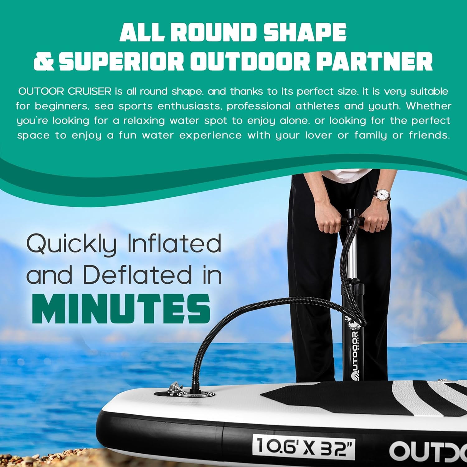 Outdoor Crusier Inflatable Stand Up Paddle Board, Ultra Portable & Lightweight, Wide Stable Non-Slip Design, Complete SUP Accessories, High-Quality Drop-Stitch Material - Black