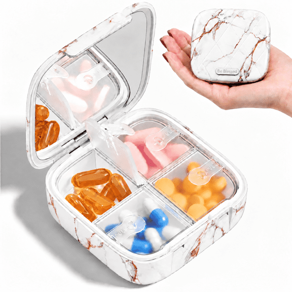Travel Pill Organizer for Purse, Small Cute Pill Box with Mirror, 4 Large Compartment Pill Case, Stylish Marble-Patterned Pill Box, Waterproof Medicine Container, Portable Vitamin Case BPA-Free