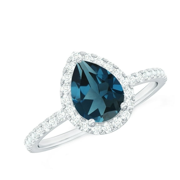 Rosec Jewels Real London Blue Topaz Teardrop Engagement Ring with Halo (6X8 mm Pear Shaped, AAA Grade) Jewelry Box included, 925 Sterling Silver, US 4.00