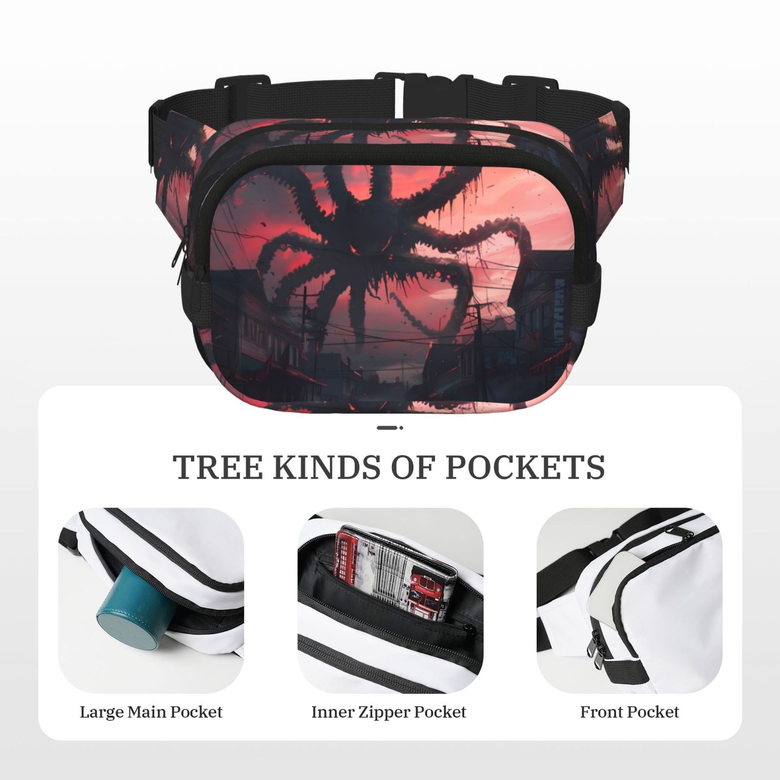 Picia Giant Monster Over City Print Square Double-Layer Waist Bag Mini Adjustable Waist Belt Bag Exercise Running Travel Hiking