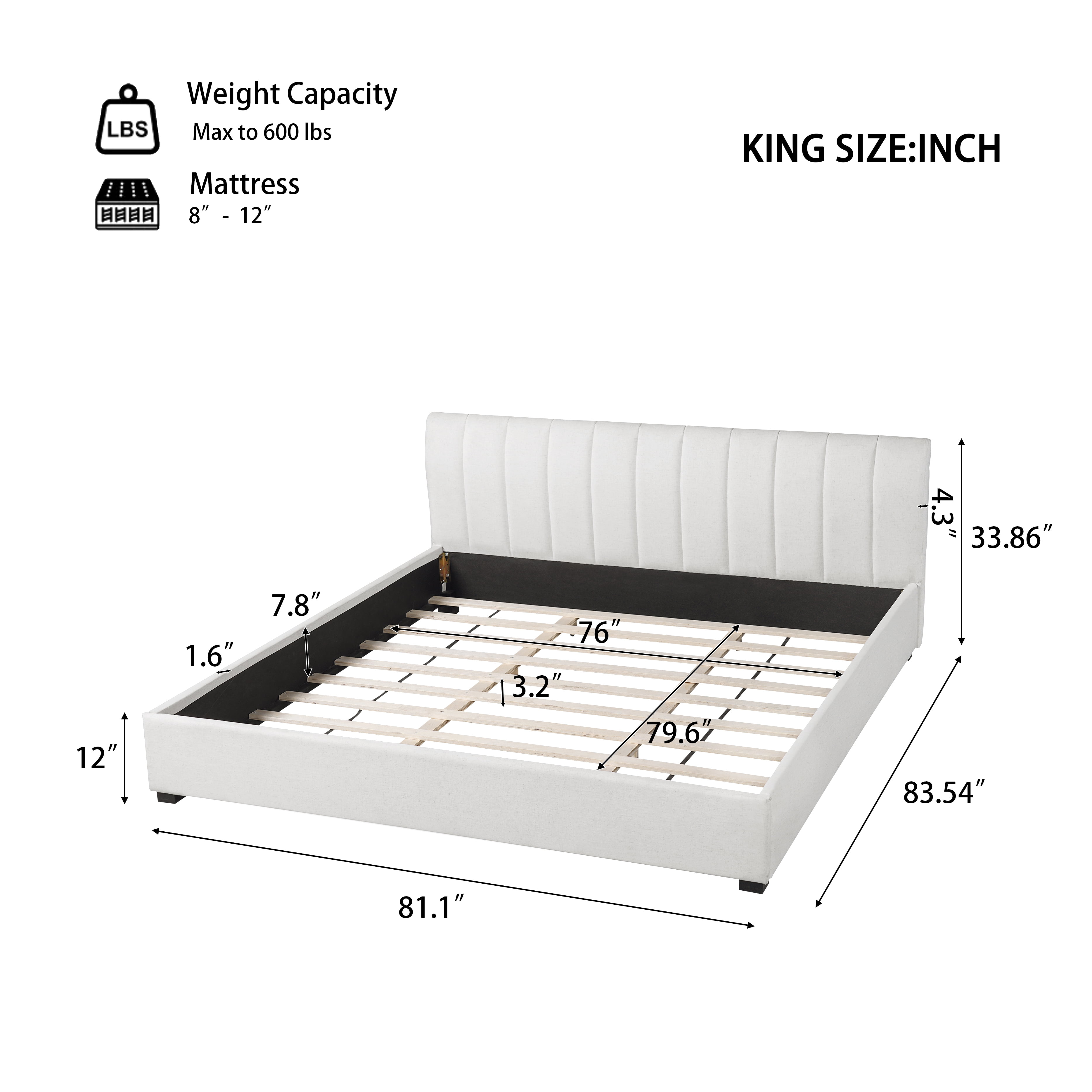 King Size Upholstered Bed Frame with Linen Blend Fabric, Thick Padded Headboard & Solid Wood Legs, Platform Bed with Curved Design for Bedroom, Beige