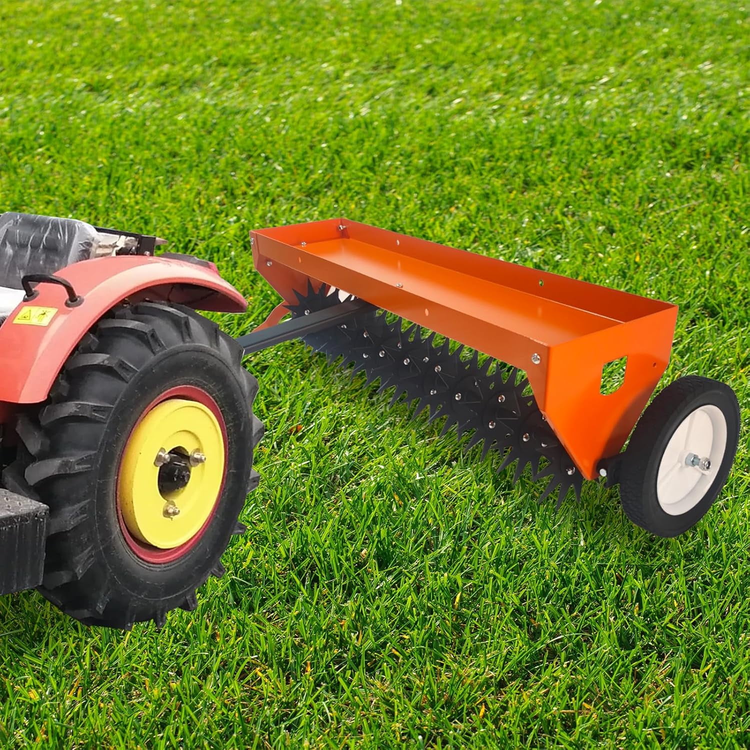 M optimized 40" Tow Behind Plug Aerator with Transport Wheels, Steel Teeth, Tray, Pull Behind Aerator with Adjustable Handle for Farm, Lawn, Garden