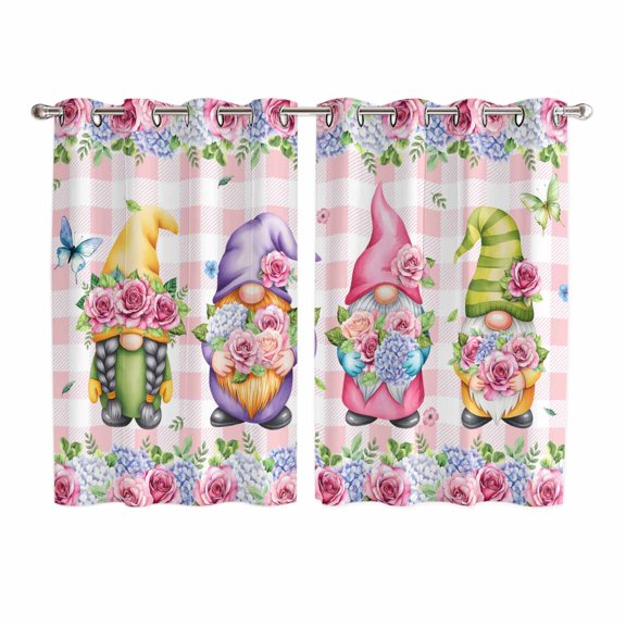 Spring Gnomes Kitchen Curtains Window Panels, Botanical Flowers Leaf Pink Buffalo Check Insulated Window Treatment Curtain, Grommet Curtains for Bedroom/Living Room/Bathroom, 2 Piece 52"Wx72"L