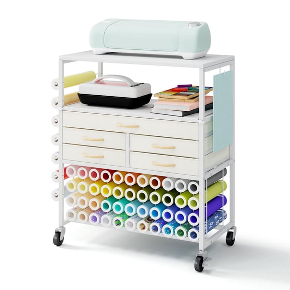LUCKUP Organization and Storage Craft Table for Cricut Machines, Rolling Cart Cabinet with Extend Tabletop, 51 Vinyl Roll Holders, 5 Drawers & Heat Press Workstation