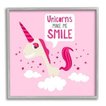 Unicorns Make Me Smile Phrase Happy Pink Unicorn Typography Framed Art Print Wall Art, 17x17