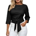 thumbnail image 2 of SSZMDLB Women 3/4 Sleeve Tie Front T-Shirts Round Neck Casual Summer Tops Solid Basic Tee Shirt Comfy Vacation Outfits Knotted Front Workout Clothes, Black S, 2 of 5