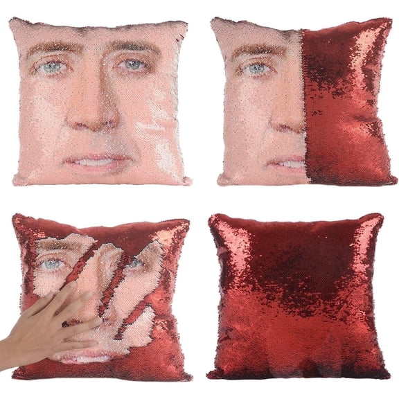 Nicolas Cage Sequin Throw Pillow Cover Magic Reversible Funny Sequin Pillow Case Decorative Cushion Cover 16x16 Inches (Black)