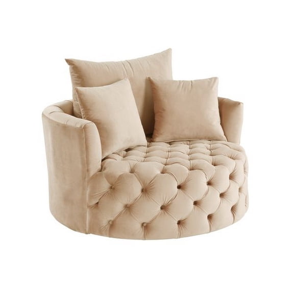 Benjara Swivel Accent Chair with Curved Design and Button Tufting- Beige