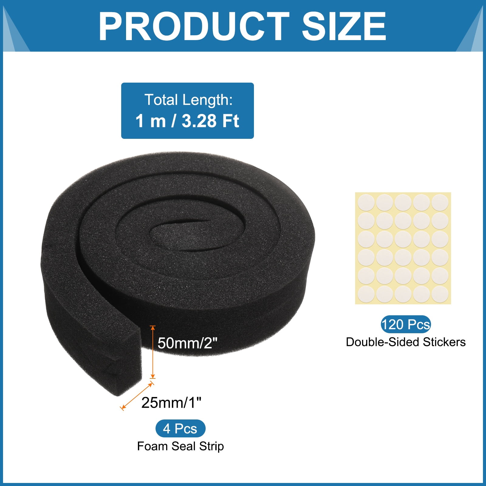 4 Set 3.28ft Foam Seal Strip, 1 Inch Width x 2 Inch Thick Weather Stripping Foam Insulation Tape, EVE Air Conditioner Open Cell Foam Seal Tape for Doors, Windows, Black