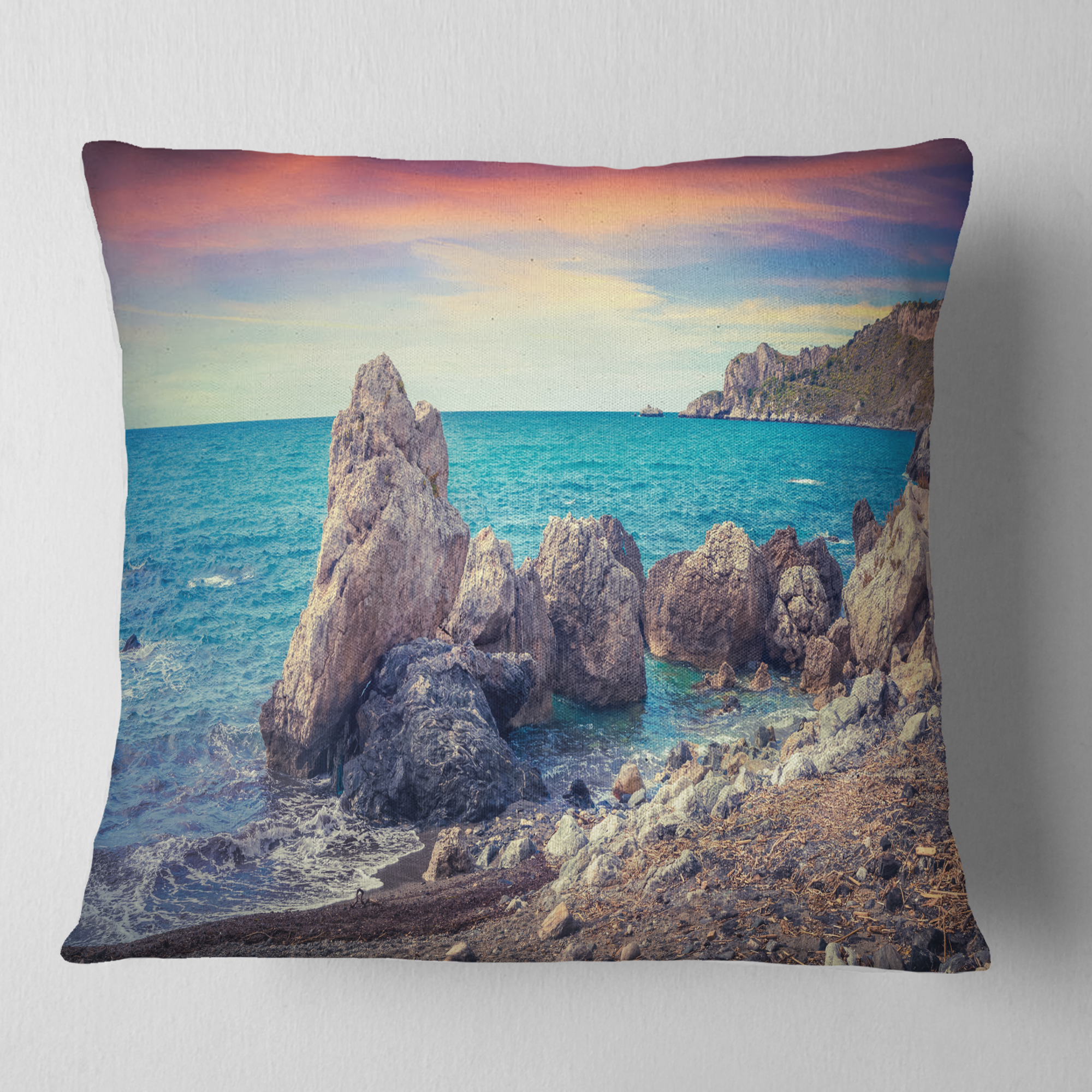 Designart Sunrise in Spring Panorama - Seashore Photo Throw Pillow - 18x18