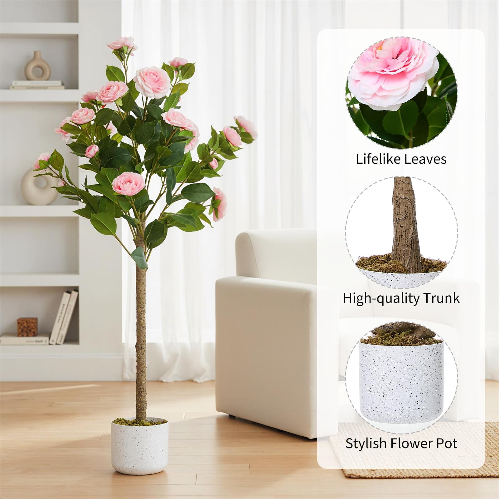 3.6FT Artificial Camellia Tree, Realistic Faux Plant in Pot with Flowers, Artificial Plants for Spring Home Decor Outdoor Porch Front Door Decor 2 Pack