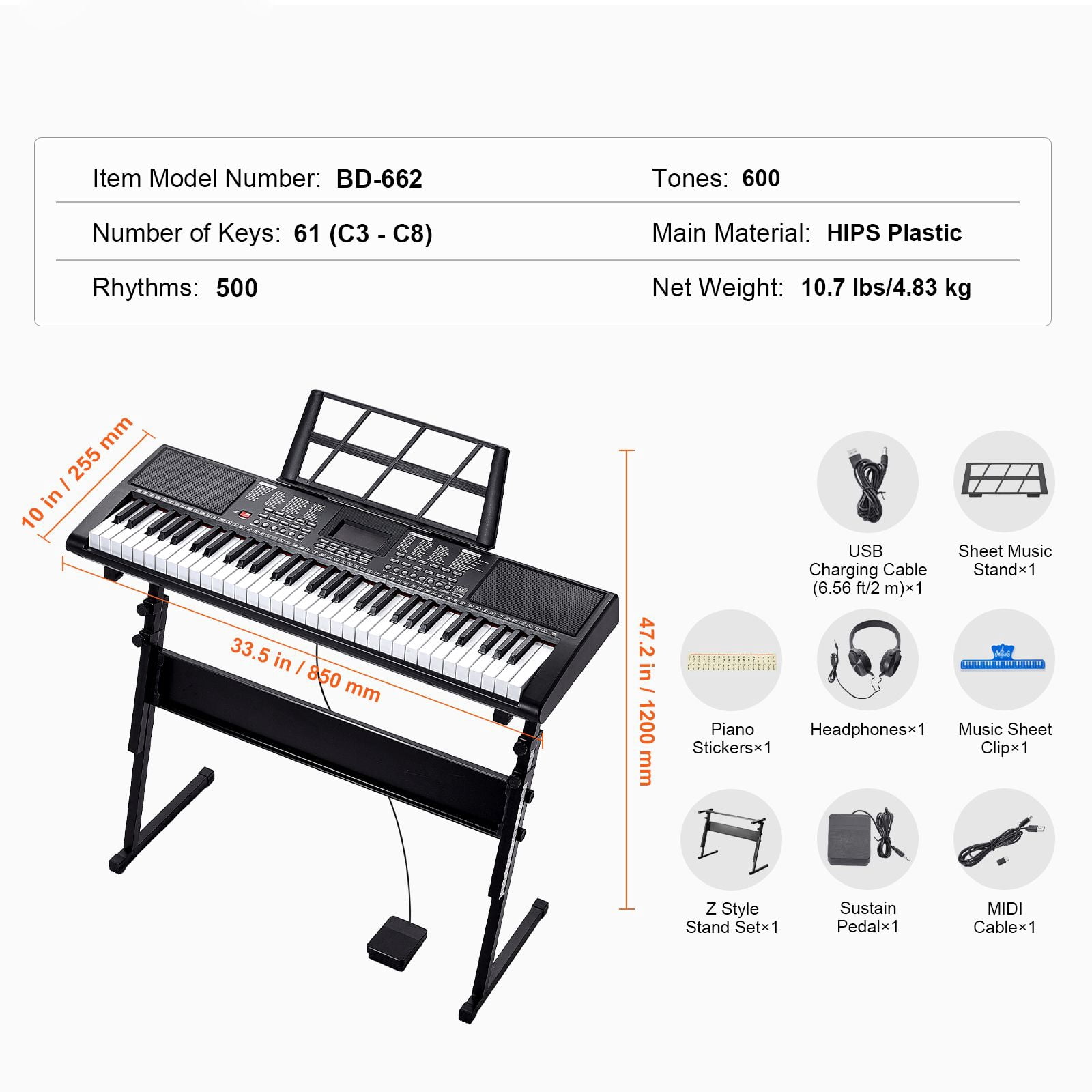 61 Key Digital Keyboard Piano, Lighted Keys, Electric Portable Piano with Adjustable Stand 600 Tones 500 Rhythms Built-In Speakers Sustain Pedal Headphones, USB MIDI for Beginners