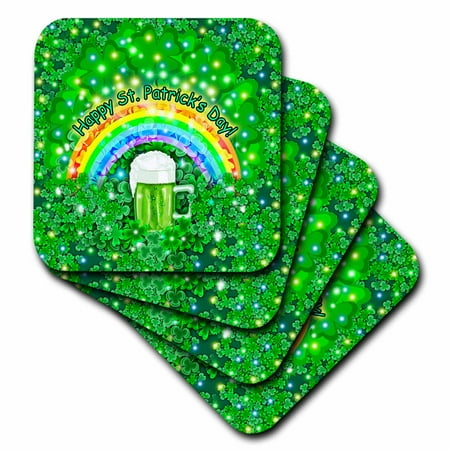 

3dRose Digital Art St. Patricks Mug of Guinness Beer Rainbow and Shamrocks- Green - Soft Coasters set of 8