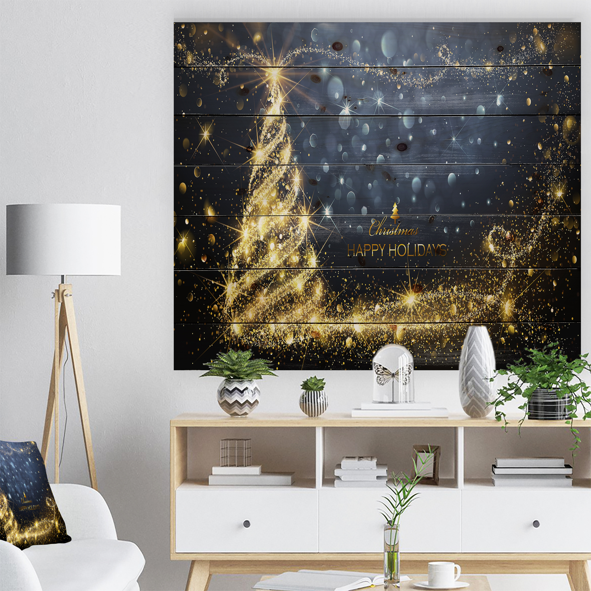 Designart 'Sparkling Shining Light Christmas Tree' Print on Natural Pine Wood