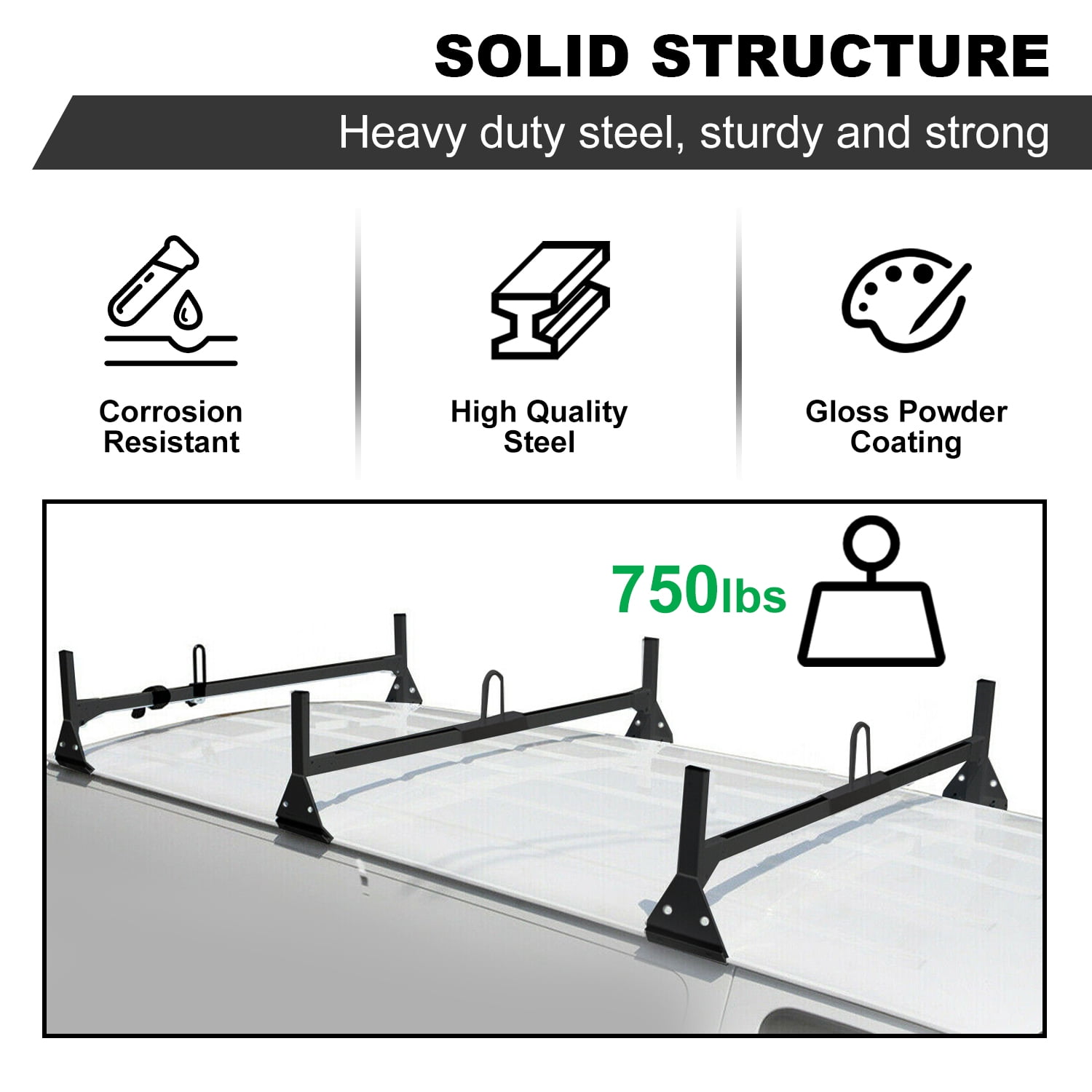 KOJEM Universal Van Ladder Rack, Full-Size Roof Rack Steel Cross Members, Fit for Chevrolet Express Ford E-Series GMC Savana 3 Bars