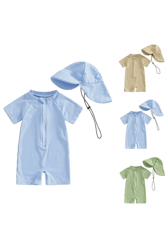 One Piece Swimsuits for Boys and Girls,Toddler Bathing Suits,Swimsuit for Kids Stripe Print One Piece Short Sleeve with Cap Quickly Dry for Toddler Boys and Girls 0 to 3 Years Old Swimsuit