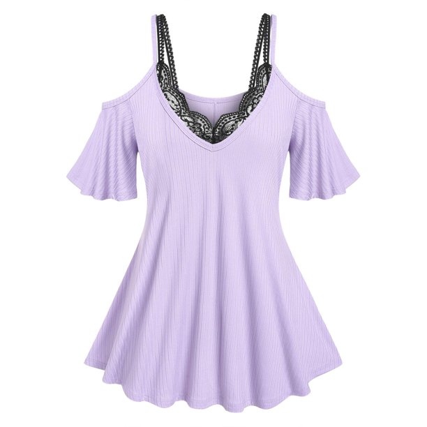 Conjunto Top Acanalada Hombro Descubierto y Encaje Rosegal Camisetas tallas grandes