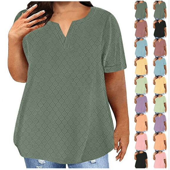 Frostluinai Eyelet Embroidery Tops for Women Plus Size Short Sleeve Tshirts Crew Neck Summer Blouses Solid Color Tees Lightweight Shirts