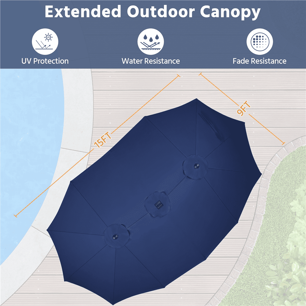 Renwick 15 FT Outdoor Umbrella with Base & Multi-Mode LED Lights Strips, Navy Blue