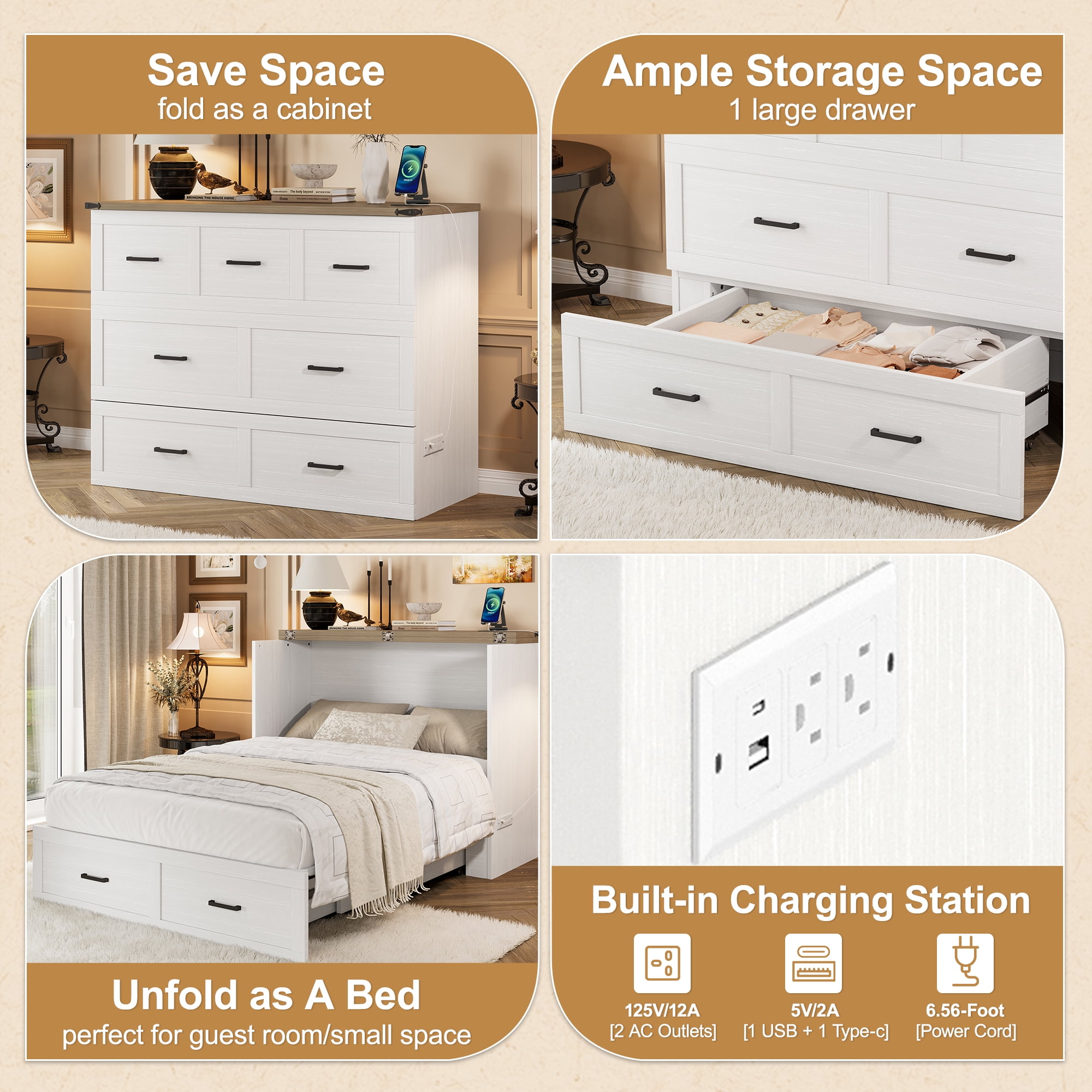 Yoneston Full Size Murphy Cabinet Bed with Storage Drawers & Charging Station, Foldable Platform Bed for Guest Room Bedroom Living Room, White