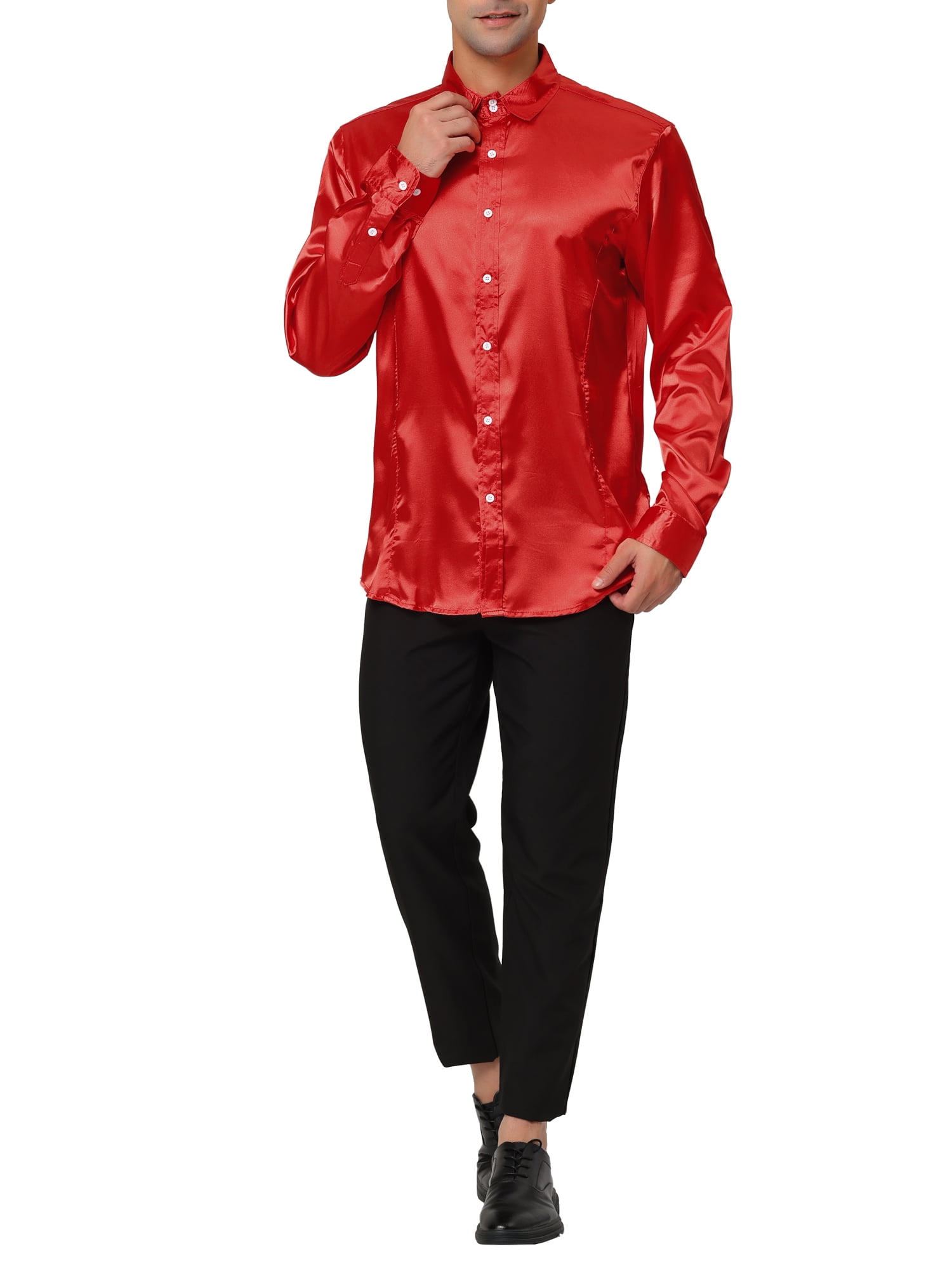 Unique Bargains Men's Satin V Neck Long Sleeves Button Down