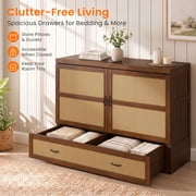 Puremind Queen Size Rattan Murphy Bed with Mattress, Hideaway Cabinet Bed with Charging Port and Storage Drawer for Home/Office, Black Walnut