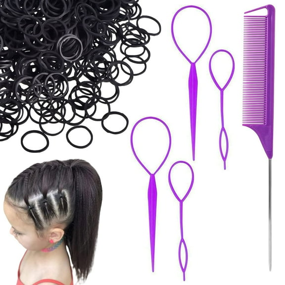 1000pcs Elastic Hair Rubber Bands with Hair Tail Tools Set 1000pcs Rubber Hair Ties Soft Elastics Ties for Girls Kid And Women,4pcs Topsy Tail Hair Tools and 1Pcs Rat Tail Comb for Hair Styling