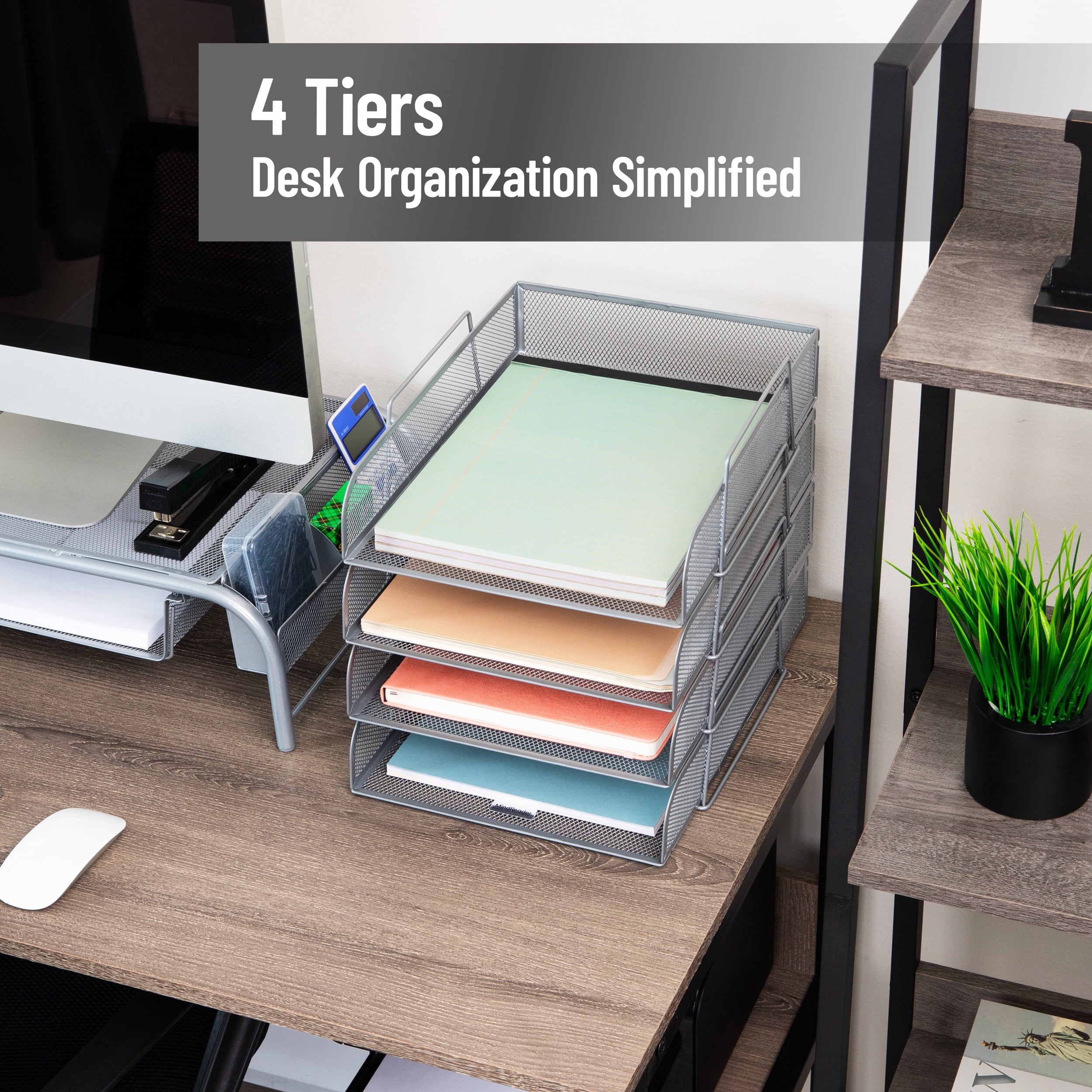Mind Reader Stackable Paper Tray, Desktop Organizer, File Storage, Office, Metal Mesh, 10.5"L x 13.5"W x 11.25"H, 4 Pcs., Silver