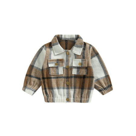 

Diconna Toddler Baby Boy Girl Long Sleeve Plaid Shirts Flannel Lapel Button Down Shacket Jacket Coats Khaki 110