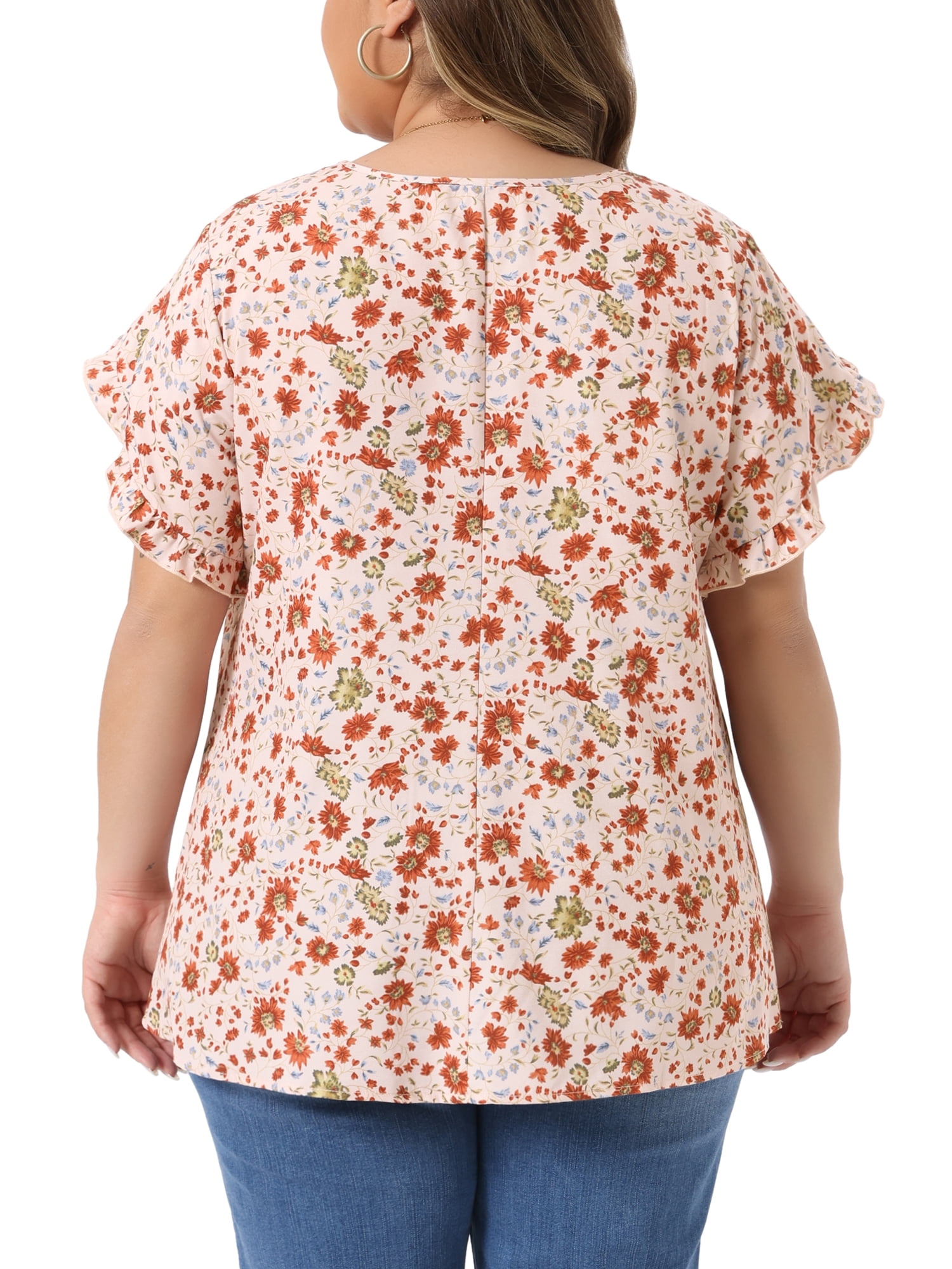 DARING DIVA Women's Plus Tulip Sleeves Crew Neck Floral Print Tops 3X Pink