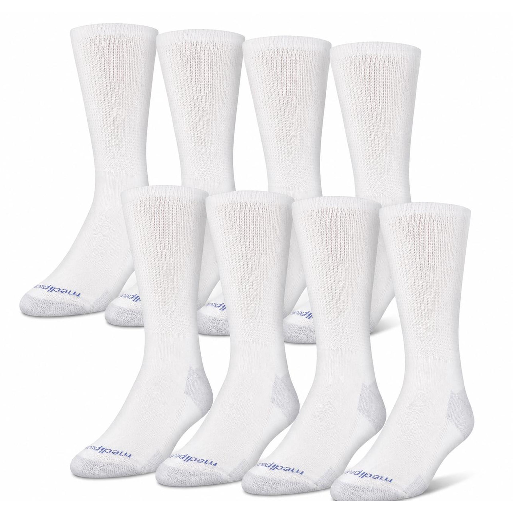 MediPeds Men's Diabetic NanoGLIDE Non-Binding Top Crew Socks, Extra Large, White, 8 Pairs