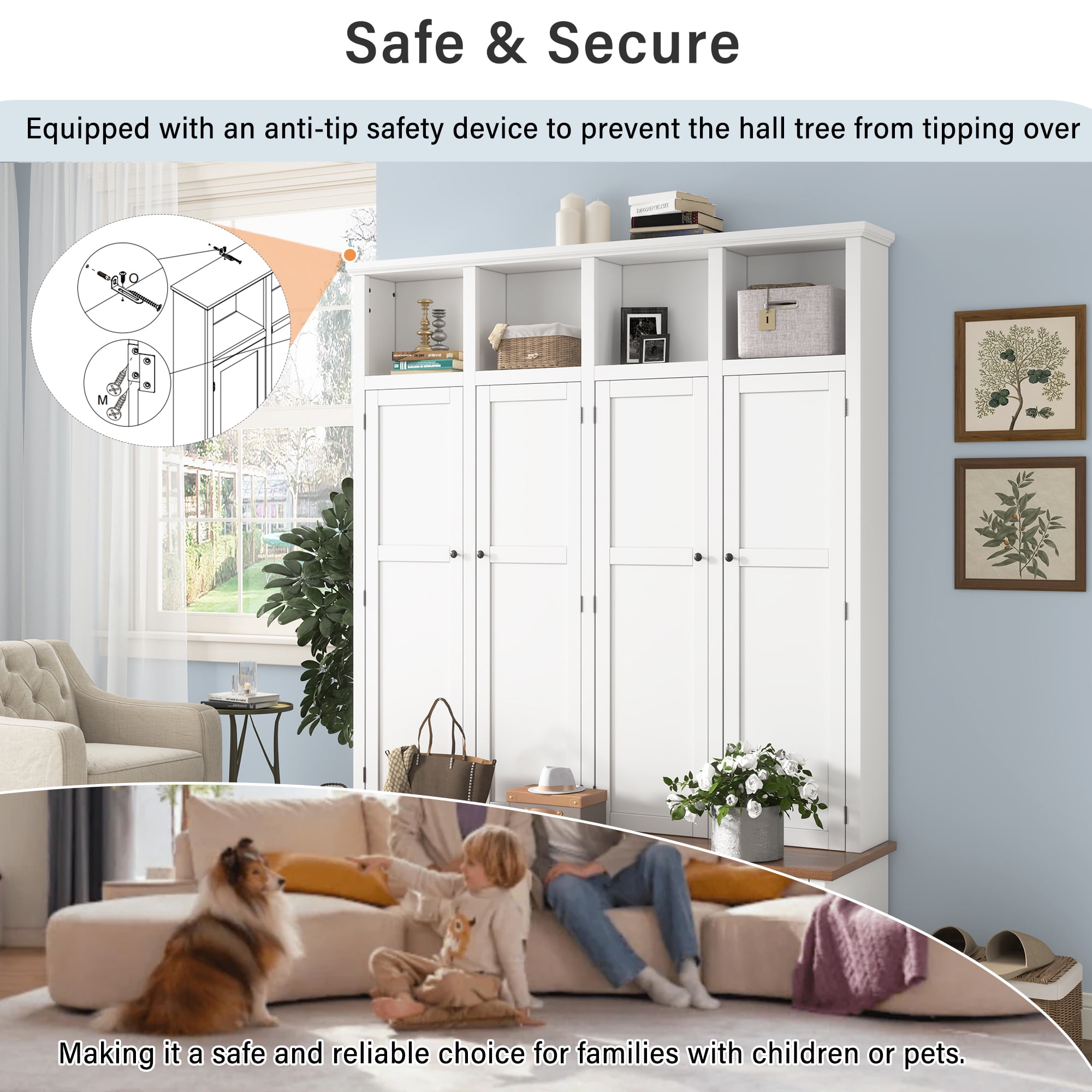 76.7''H Modern Entryway Hall Tree with Storage Bench, Accent Wardrobe Organizer with Cubbies and Hidden Hooks for Hallway