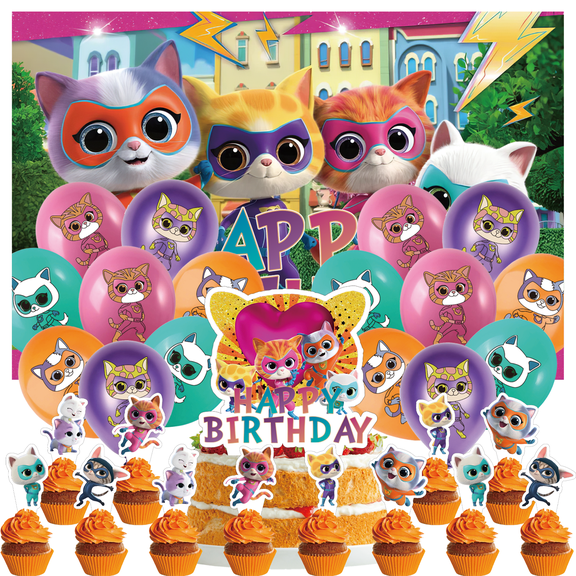30 Pcs For Super Kitties Theme Birthday Party Decorations,With 5*3ft Birthday Backdrop Decorations,13 Cupcake Toppers,16 Balloons,All-in-One Party Supply Set