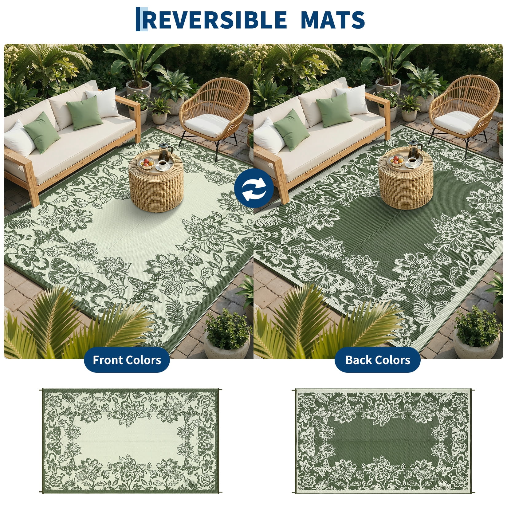 Nanan 9x18 Outdoor Rug, Plastic Straw Rug, Modern Waterproof Reversible Outdoor Patio Rugs for Camping Picnic Backyard Balcony, Green