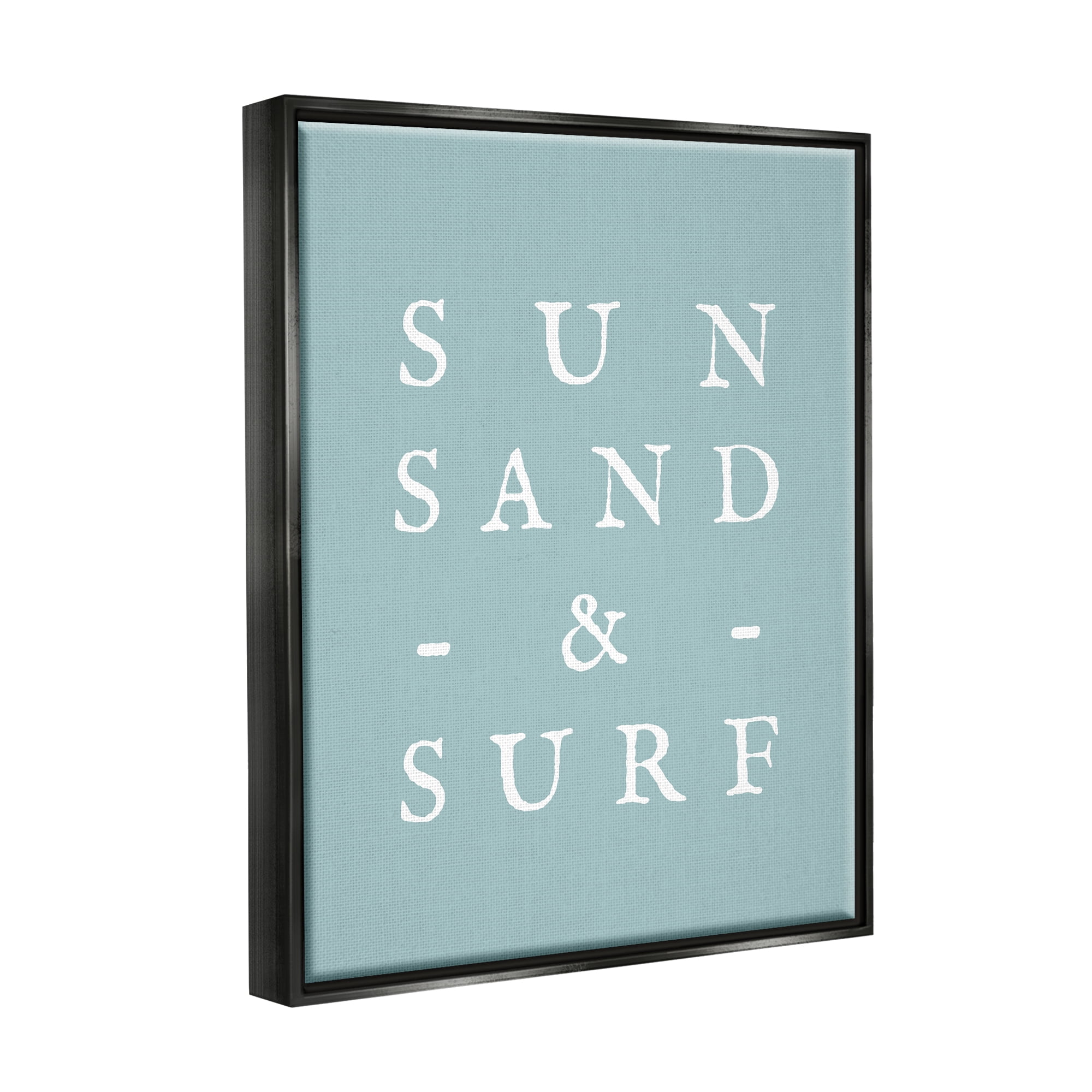 Stupell Industries Sun Sand & Surf Phrase Inspirational Painting Black Floater Framed Canvas Art Print Wall Art, 17 x 21